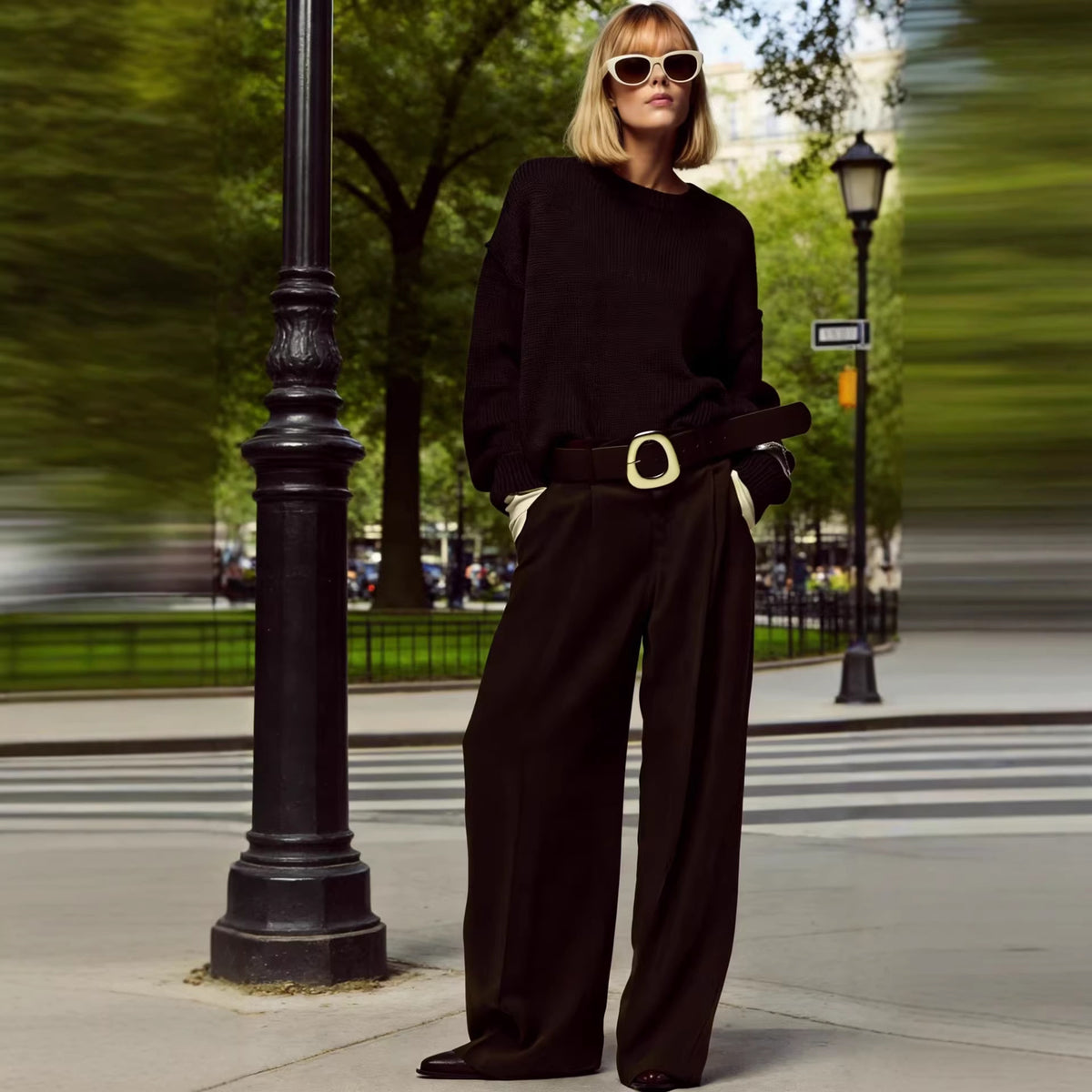 Women's high-waisted culotte pants with wide leg, pleats and statement belt Fashion Glam