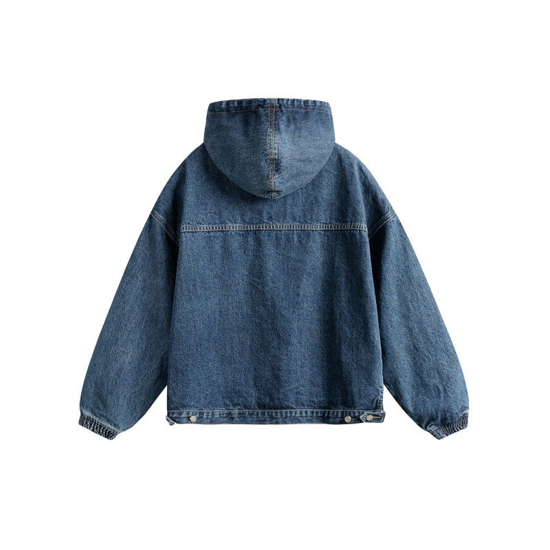 Unisex Oversize Denim Hoodie with Kangaroo Pocket and Half Zipper Fashion Glam