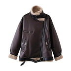 Women's Casual Aviator Biker Jacket in Vintage Leather Look with Sherpa Lining Fashion Glam