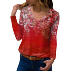 Women Long Sleeve V-Neck Tunic with Floral Watercolor Print and Light Jersey Quality Fashion Glam