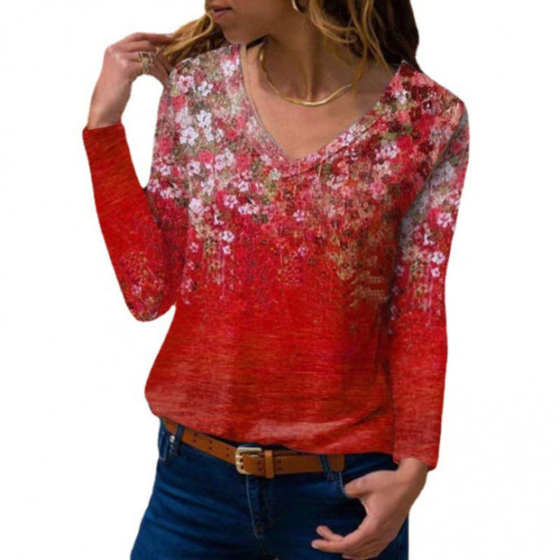 Women Long Sleeve V-Neck Tunic with Floral Watercolor Print and Light Jersey Quality Fashion Glam