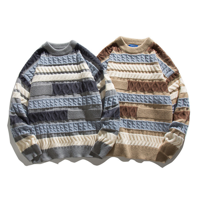Unisex Oversize Knit Sweater with Patchwork Cable Pattern and Round Neck Fashion Glam