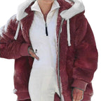 Women's Oversized Sherpa Zip Jacket with Contrast Collar, Ribbed Cuffs, and Drawstring Fashion Glam