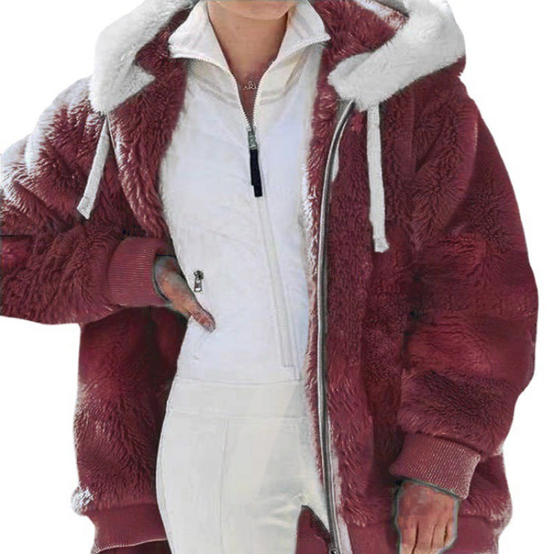 Women's Oversized Sherpa Zip Jacket with Contrast Collar, Ribbed Cuffs, and Drawstring Fashion Glam