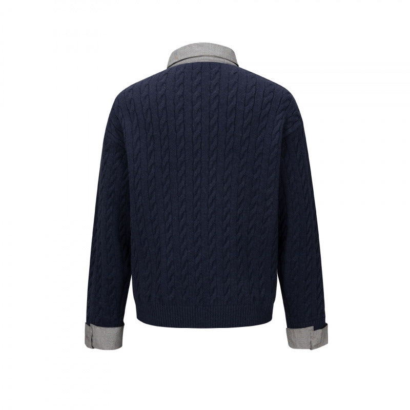 Men's Structured Cable Knit Henley Sweater with Contrast Shirt Collar and Cuff Turn-ups Fashion Glam
