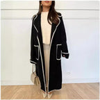 Women Tailored Wrap Coat made of Wool Blend with Decorative Wave Trim and Tied Belt Fashion Glam