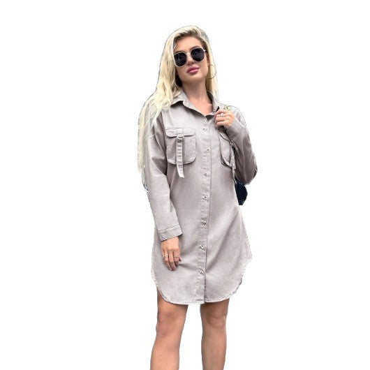 Women Oversized Shirt Dress with Flap Pockets and Curved Hem Fashion Glam