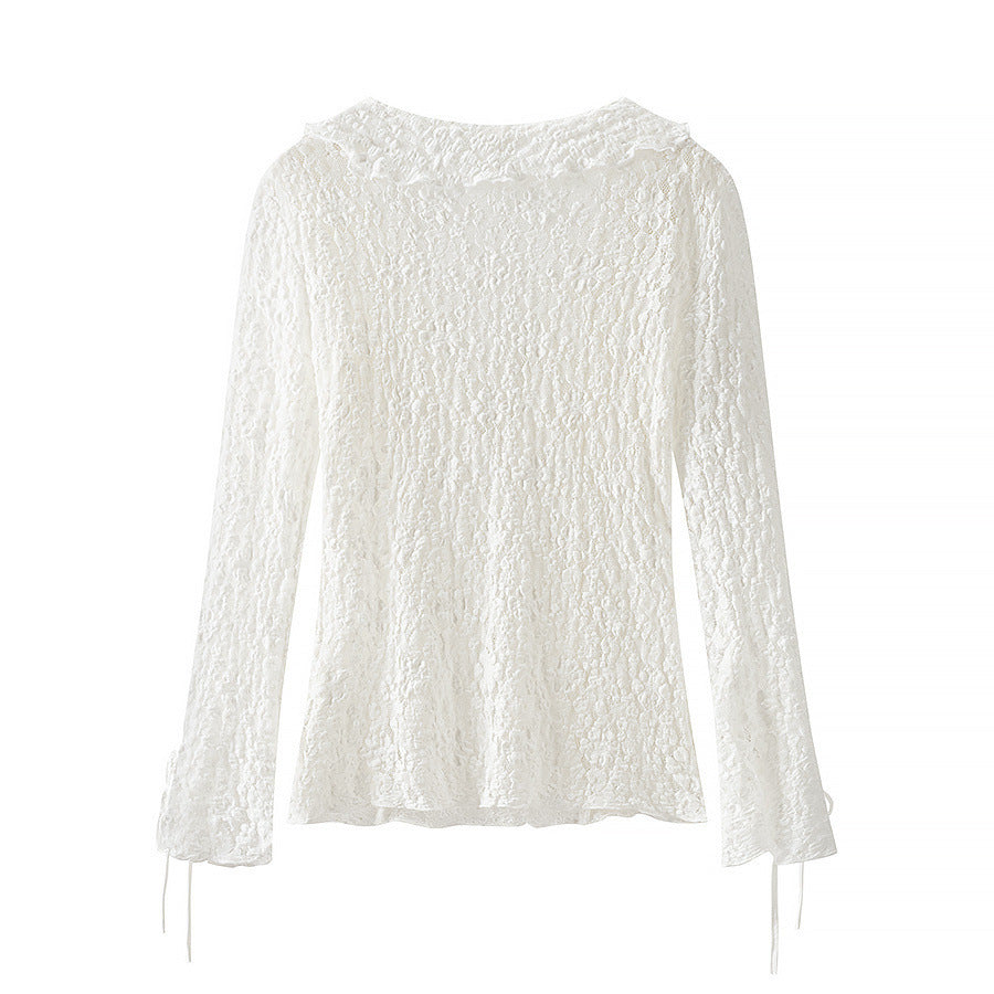 Ladies figure-hugging lace blouse with ruffle V-neck and tie detail Fashion Glam