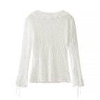 Ladies figure-hugging lace blouse with ruffle V-neck and tie detail Fashion Glam