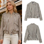 Women's Striped Blouson Shirt Blouse with Stand Collar, Shoulder Epaulettes, and Elastic Hem Fashion Glam
