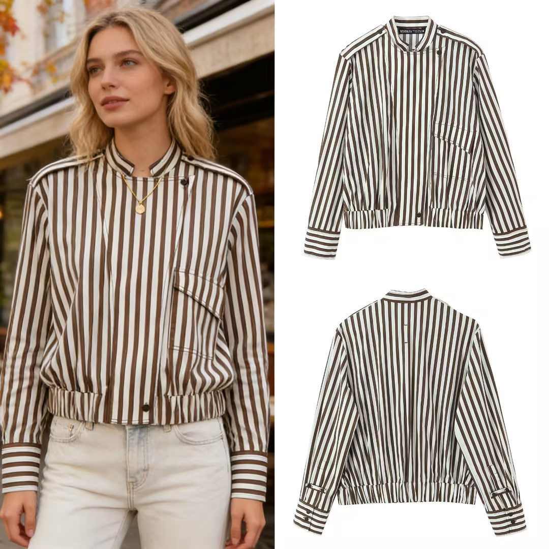Women's Striped Blouson Shirt Blouse with Stand Collar, Shoulder Epaulettes, and Elastic Hem Fashion Glam