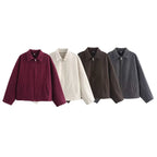 Ladies Oversize Wool Blend Cropped Jacket with Zipper and Shirt Collar Fashion Glam