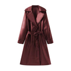 Women's Long Shiny Trench Coat Transition Jacket in Leather Look with Waist Belt Fashion Glam
