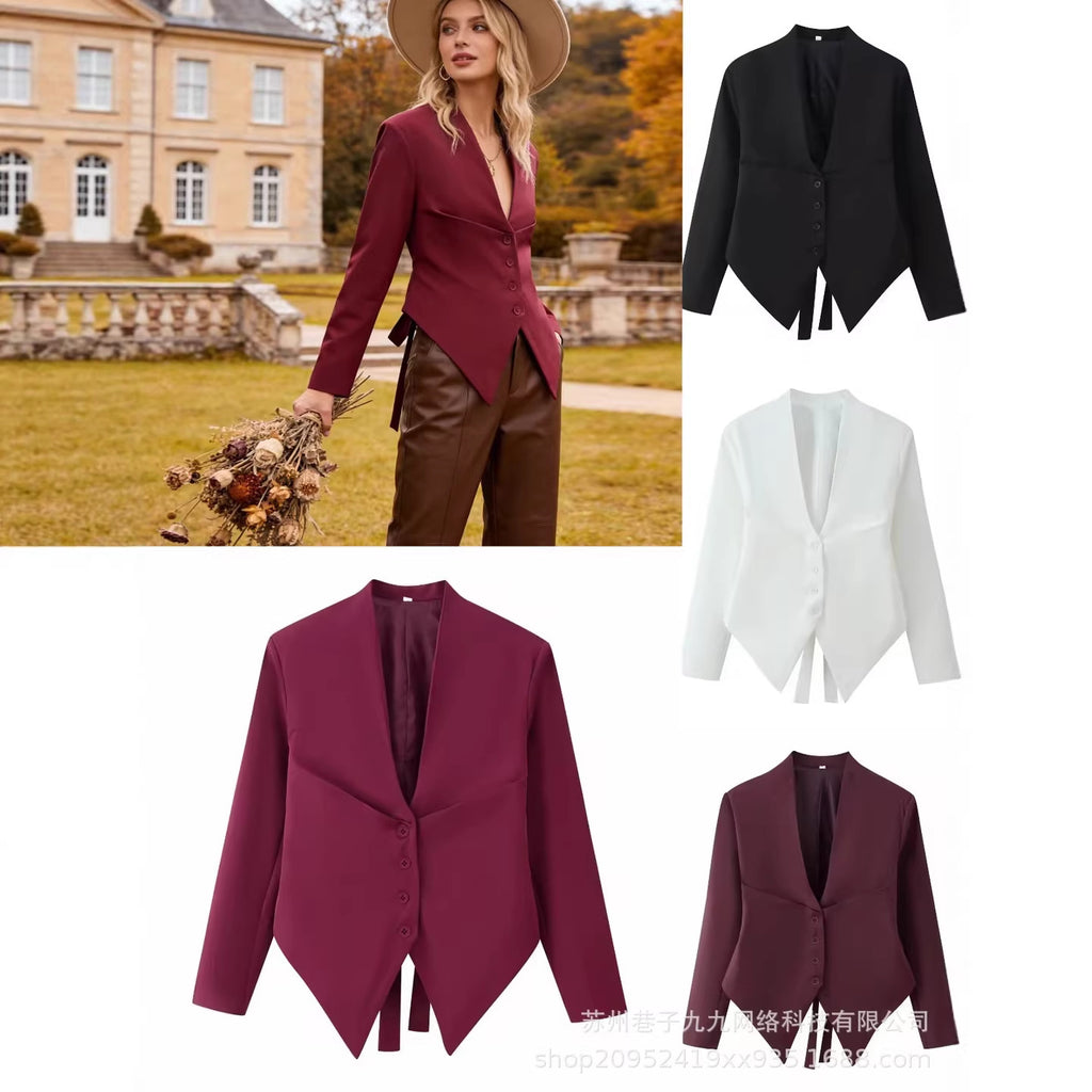 Women Asymmetrical Blazer Jacket with Deep V-Neck and Pointed Hem Fashion Glam