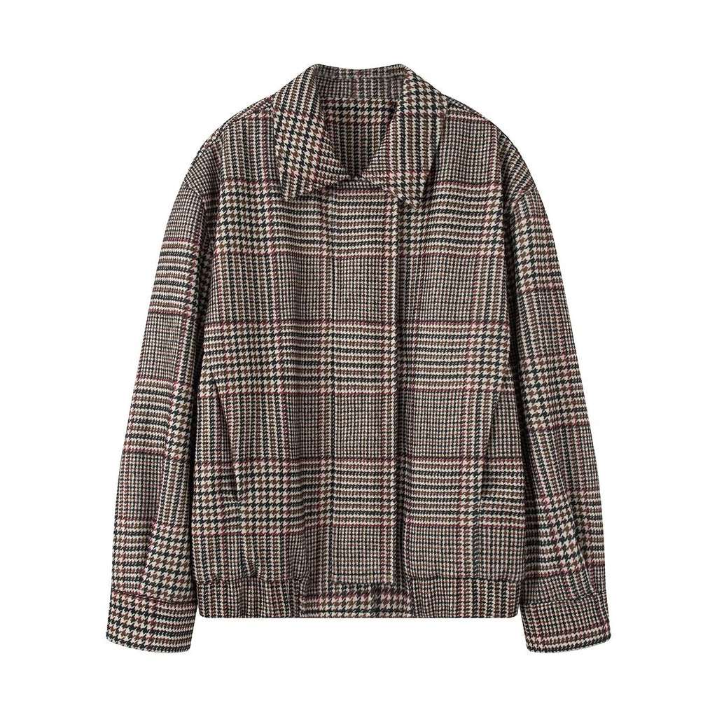 Women's Oversize Short Jacket in Houndstooth Pattern with Stand Collar and Elastic Hem Fashion Glam