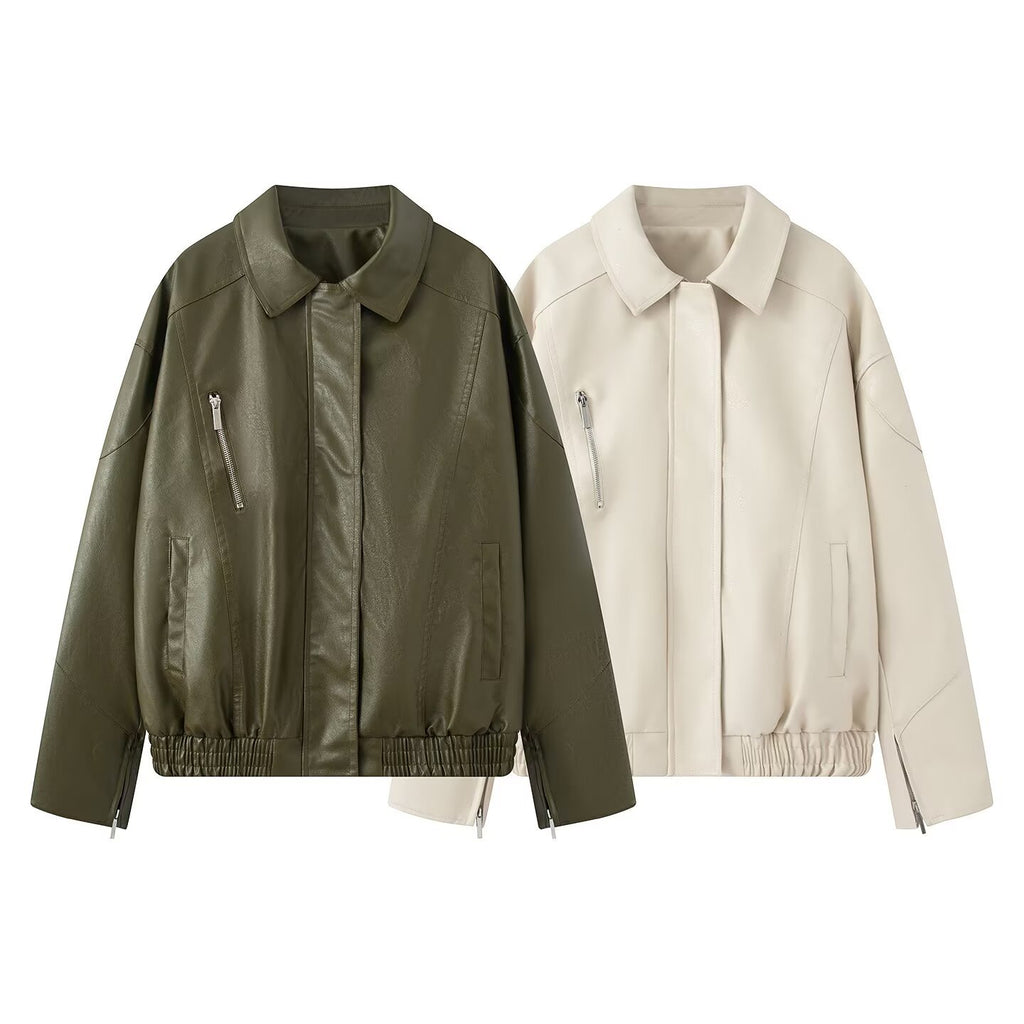 Women's Oversize Faux Leather Blouson with Elastic Hem, Slanted Zipper Chest Pocket and Zipper Sleeves Fashion Glam