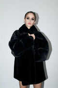 Women's boxy short coat made of silky shiny high-pile artificial fur with a large shawl collar Fashion Glam