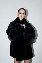Women's boxy short coat made of silky shiny high-pile artificial fur with a large shawl collar Fashion Glam