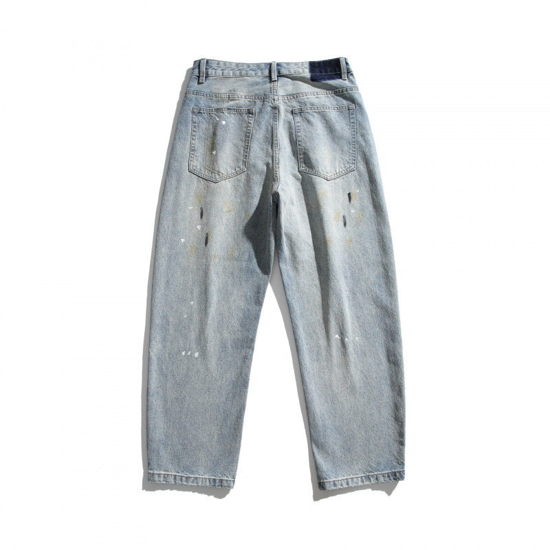 Men's Loose-Fit Vintage Denim Pants with Used Effect, Paint-Splatter and Distressed Details Fashion Glam