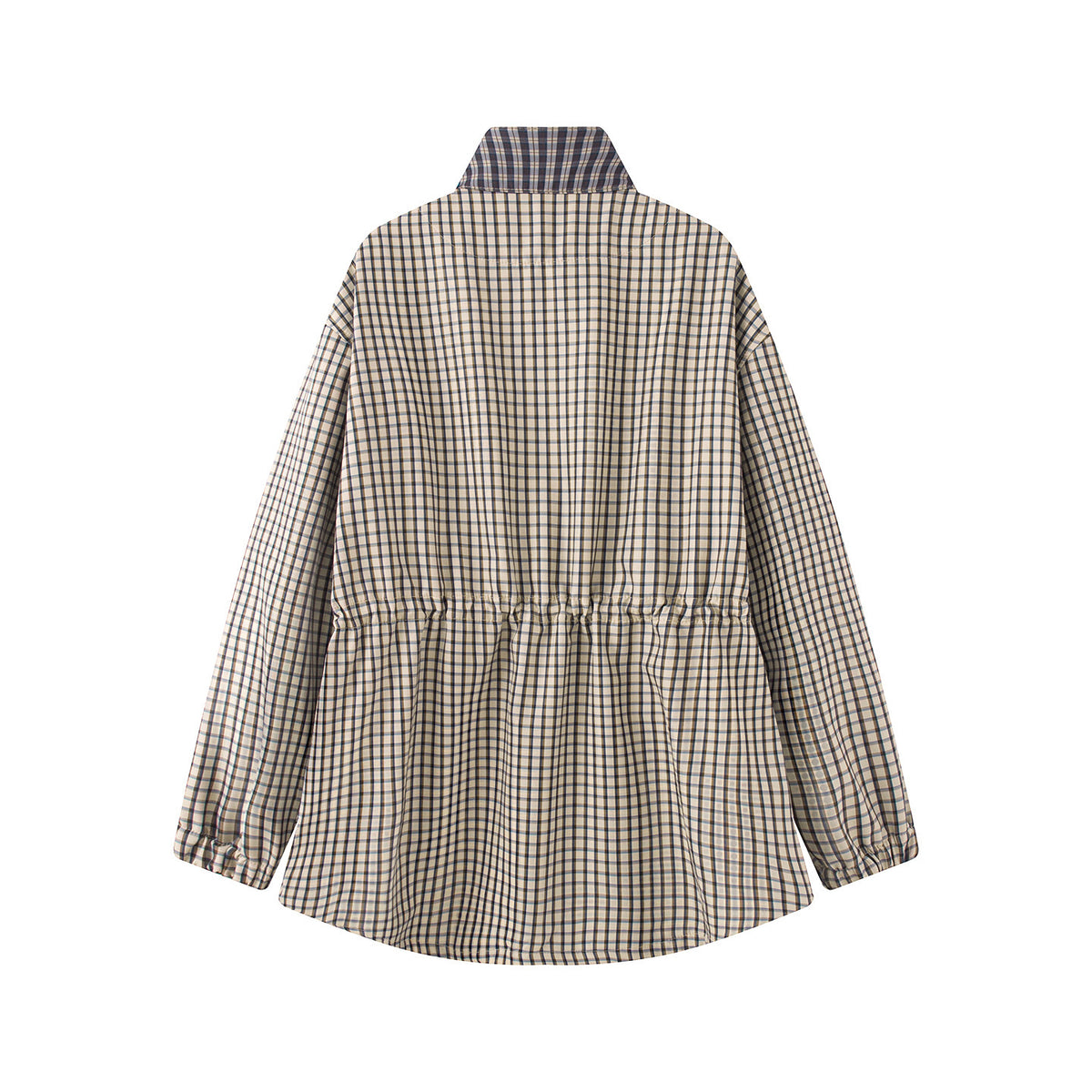 Women Checked Oversize Parka Jacket with Drawstring and Stand-up Collar Fashion Glam