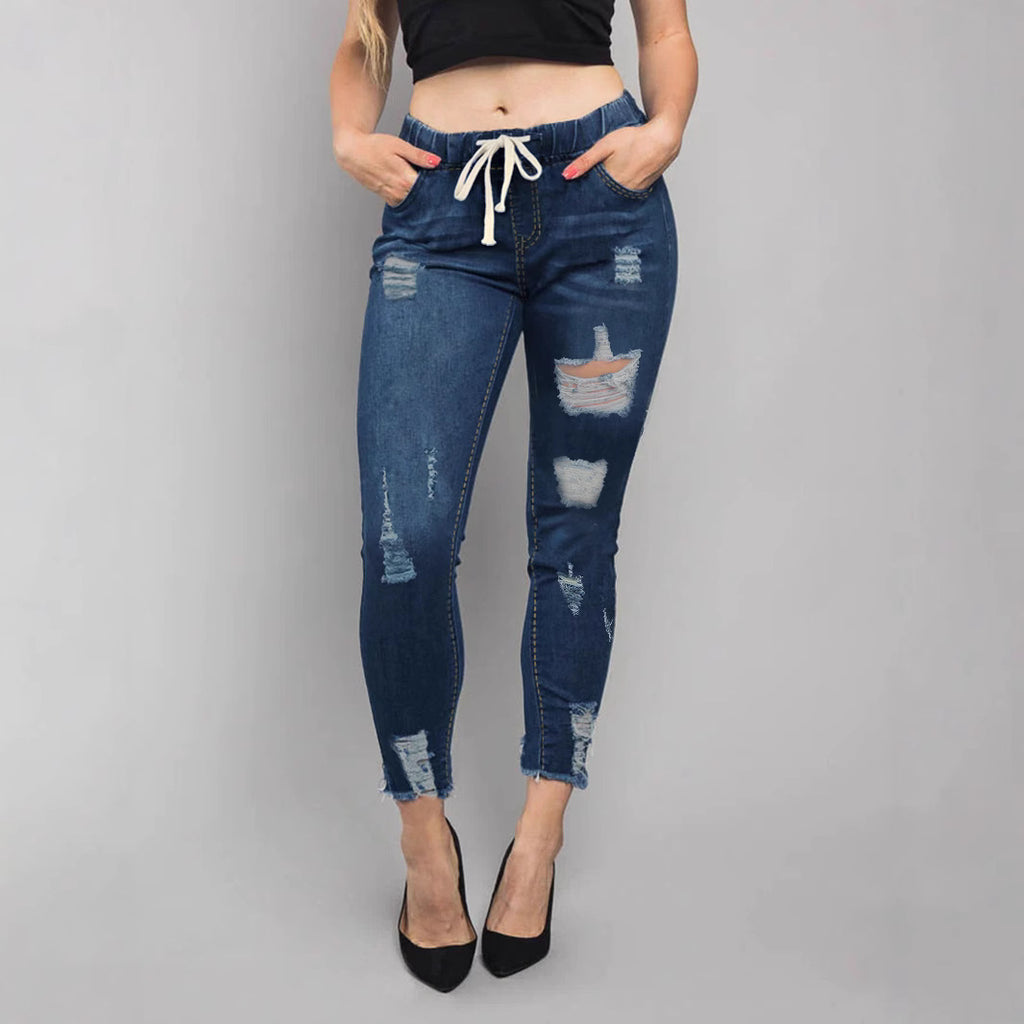 Women High-Waisted Destroyed Jogger Jeans with Elastic Drawstring Waistband and Cropped Frayed Hem Fashion Glam
