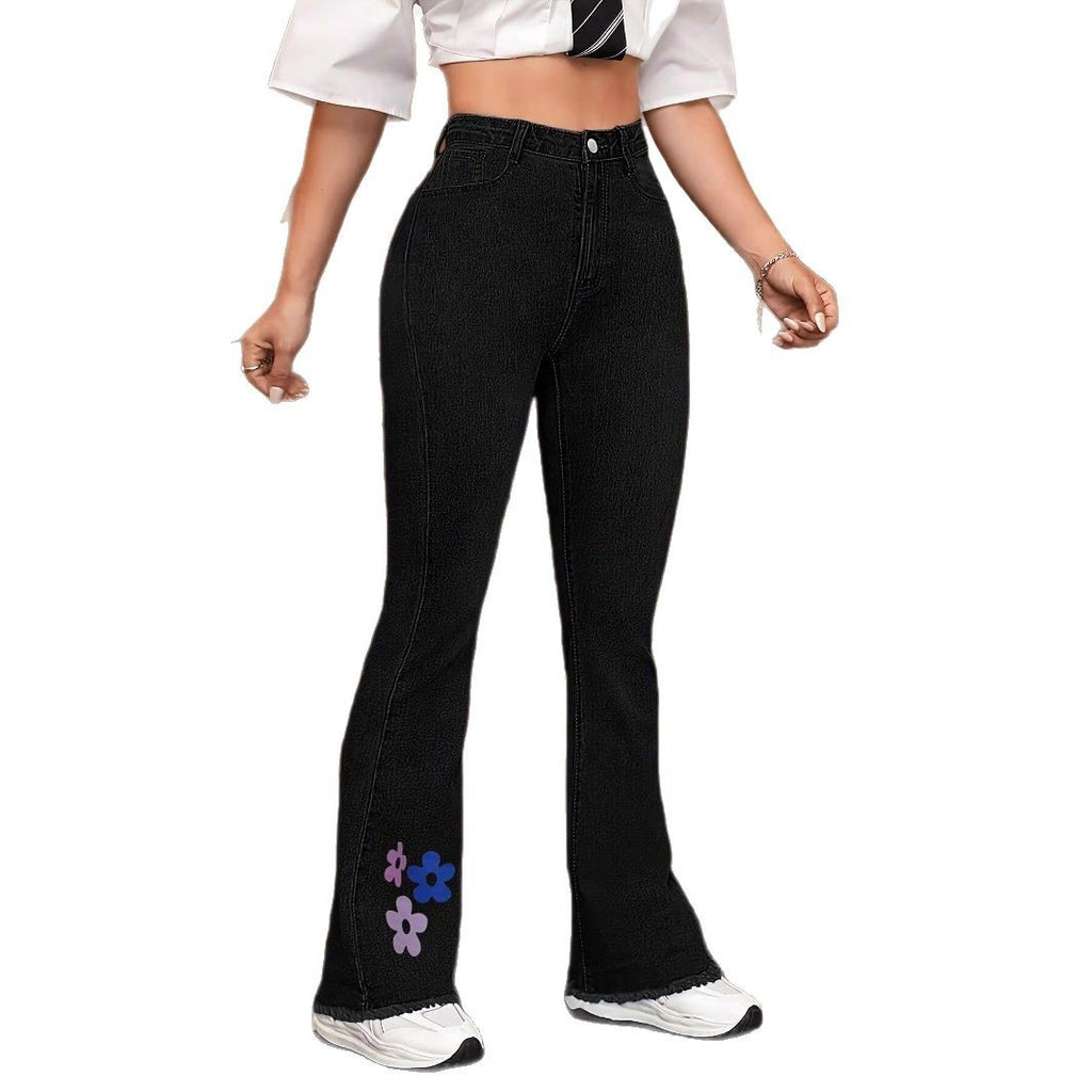 Women's High-Waist Denim Jeans with Slightly Flared Leg and Floral Print Fashion Glam