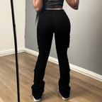 Ladies High-Waisted Cargo Jeans with Multiple Flap Pockets and Long Leg Fashion Glam