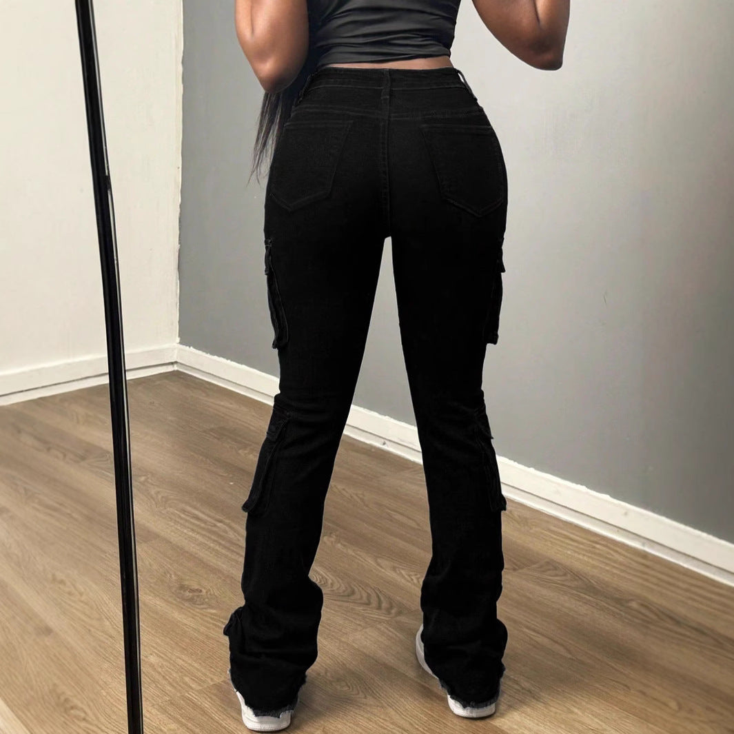 Ladies High-Waisted Cargo Jeans with Multiple Flap Pockets and Long Leg Fashion Glam