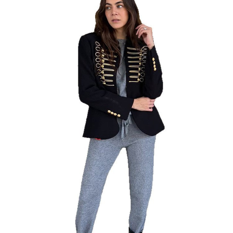 Ladies military-inspired fitted blazer with gold-embroidered cord applications Fashion Glam