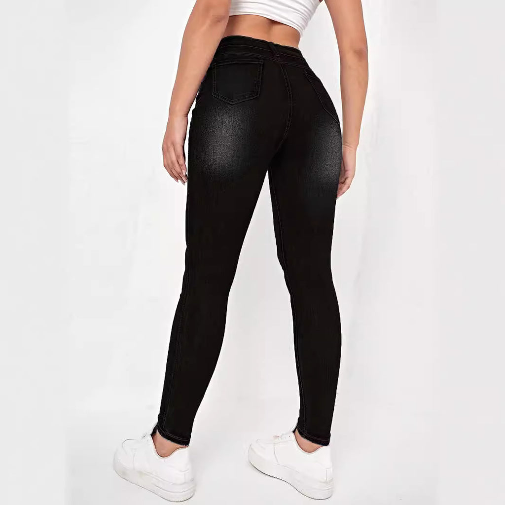 Women high-waisted Sculpting Skinny Jeans with targeted rips and shaping comfort waistband Fashion Glam