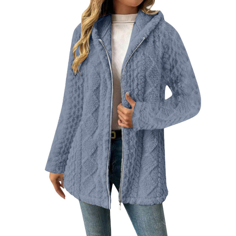 Women's Hooded Sherpa Jacket with Cable Pattern, Medium Length and Two-Way Zipper Fashion Glam