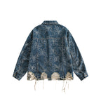 Unisex Oversized Jeans Jacket with Floral Embroidery, Contrast Panels and Frayed Hem Fashion Glam