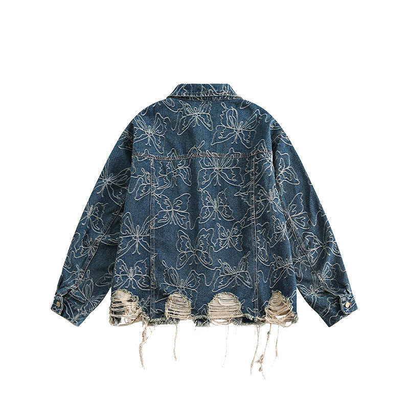 Unisex Oversized Jeans Jacket with Floral Embroidery, Contrast Panels and Frayed Hem Fashion Glam