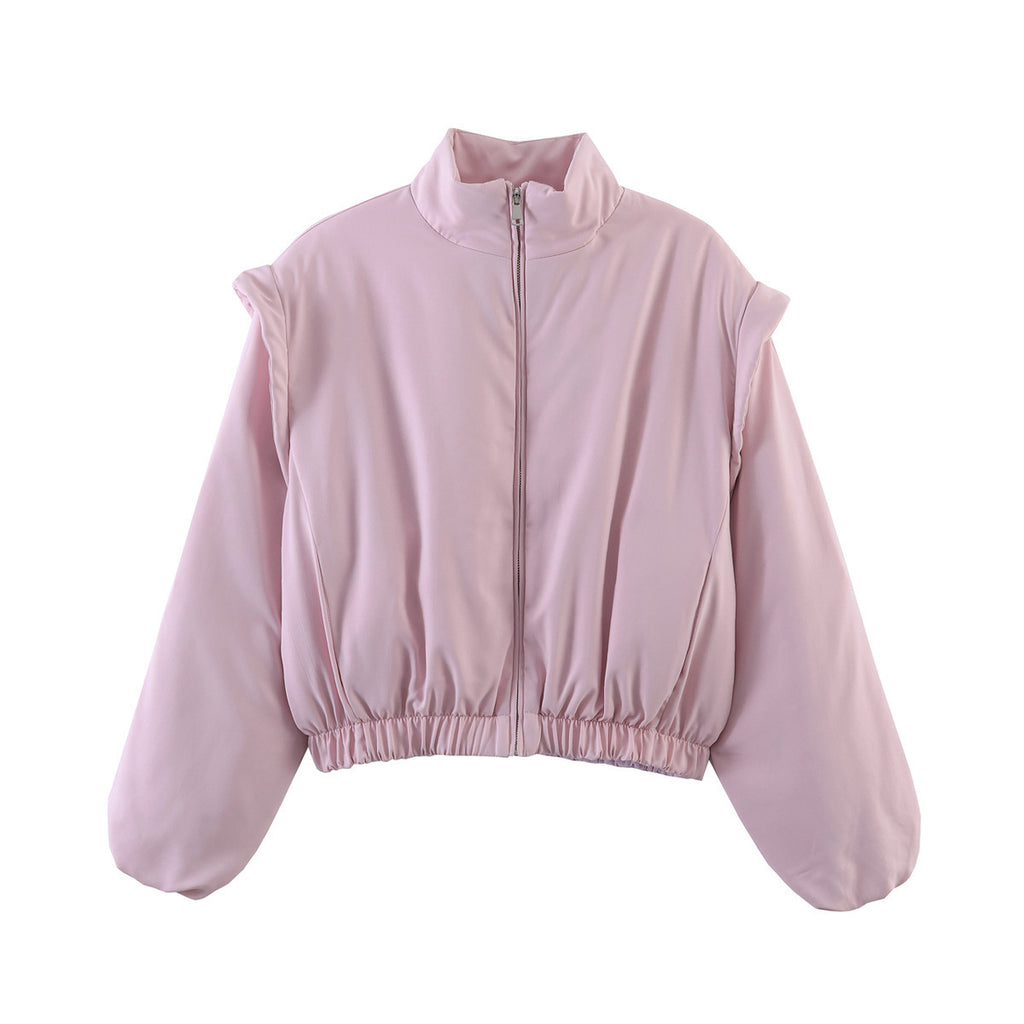 Women Short Cropped Puffer Jacket with Stand-up Collar, Zipper, and Elastic Waist Fashion Glam