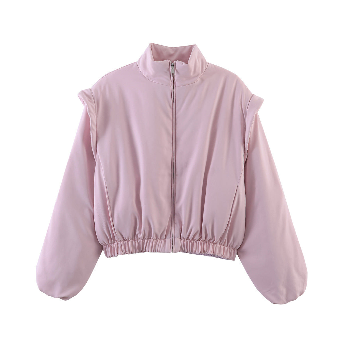 Women Short Cropped Puffer Jacket with Stand-up Collar, Zipper, and Elastic Waist Fashion Glam