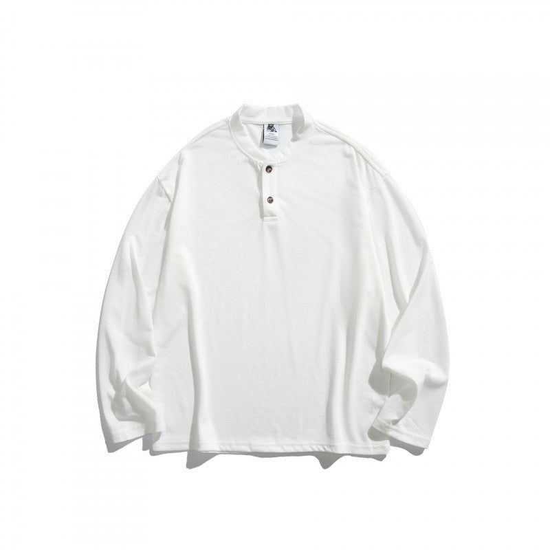 Unisex Loose Henley Long Sleeve with Stand Collar and Waffle Texture Fashion Glam