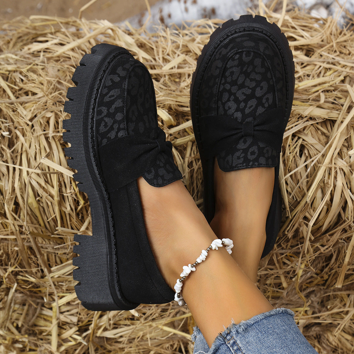 Women's Chunky Loafer with Decorative Knot Bow and Leopard Tip Fashion Glam