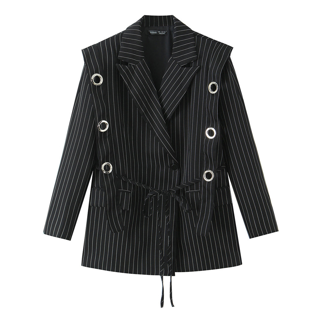 Women pinstripe blazer with eyelet application and drawstring Fashion Glam