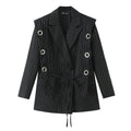 Women pinstripe blazer with eyelet application and drawstring Fashion Glam