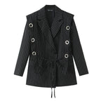 Women pinstripe blazer with eyelet application and drawstring Fashion Glam