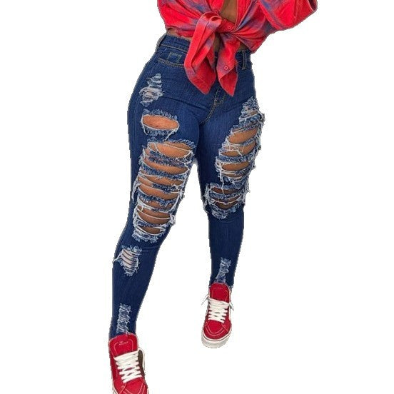 Women High-Waisted Super Stretch Skinny Jeans with Extreme Destroy Detail Fashion Glam