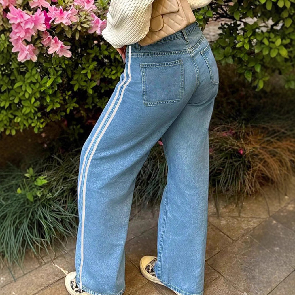 Ladies wide denim jeans with sporty side stripe Fashion Glam