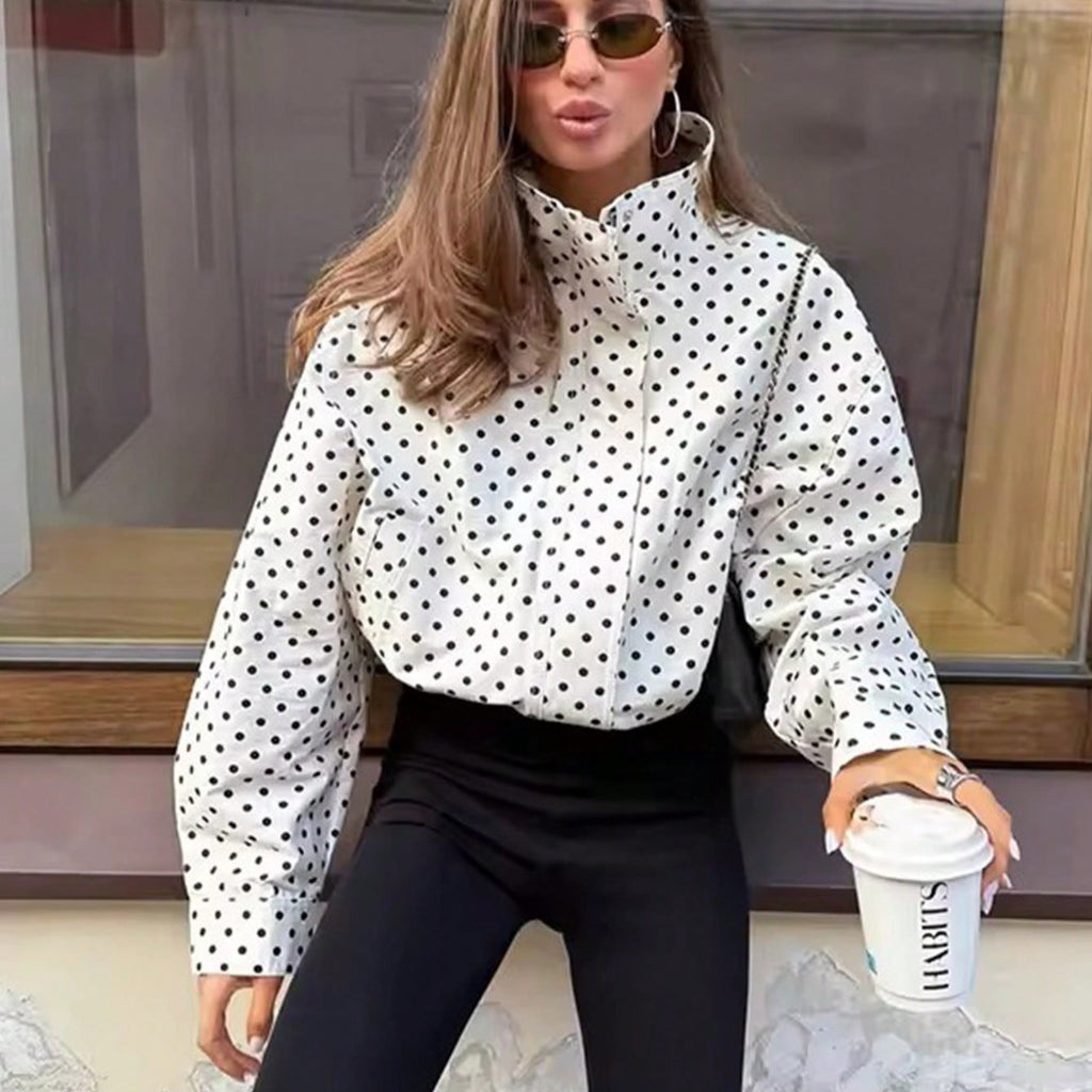 Women Polka Dot Blouse with Stand-up Collar and Balloon Sleeves Fashion Glam