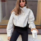 Women Polka Dot Blouse with Stand-up Collar and Balloon Sleeves Fashion Glam