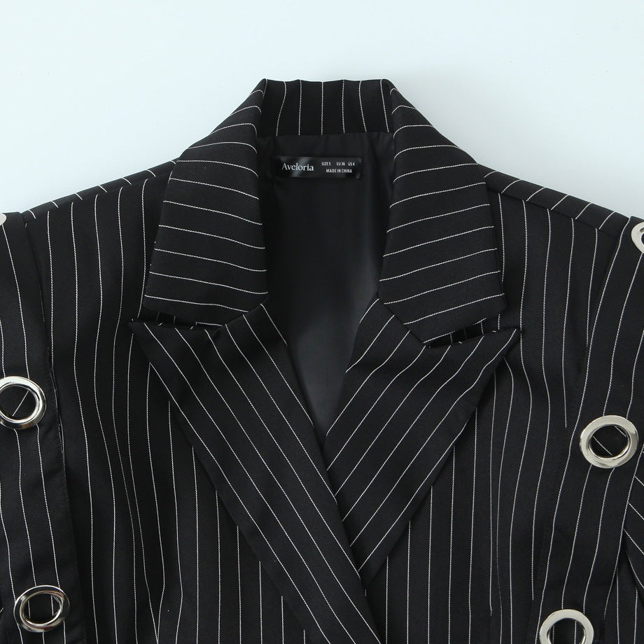 Women pinstripe blazer with eyelet application and drawstring Fashion Glam