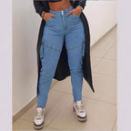 Women's high-waisted cargo slim jeans with side flap pockets and tapered leg Fashion Glam