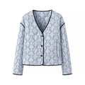 Women's lightweight quilted blouse jacket with V-neck, contrast piping and floral line print Fashion Glam