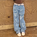 Women's High-Waisted Oversized Baggy Jeans with Strong Destroyed Look and Deep Crotch Fashion Glam