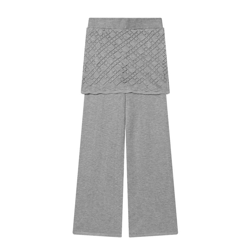 Women's Fine Knit Loungewear Set with Round Neck Sweater, Wide Palazzo and Structured Skirt Overlay Fashion Glam
