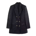 Ladies Double-breasted Boucle Blazer Coat with Lapel Collar and Decorative Metal Eyelets Fashion Glam